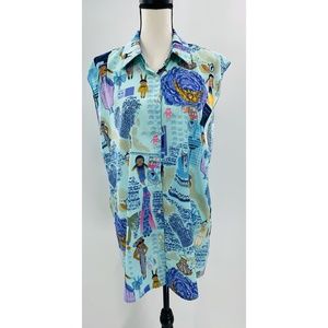 Fun, Funky, Colorful Asian Print Doll Front Button Collar Tunic/ Blouse